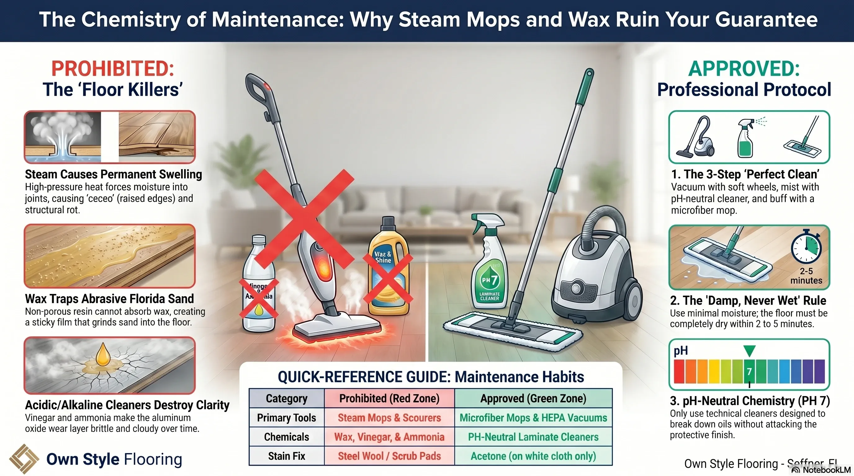 Infographic comparing harmful cleaning methods versus manufacturer-approved maintenance