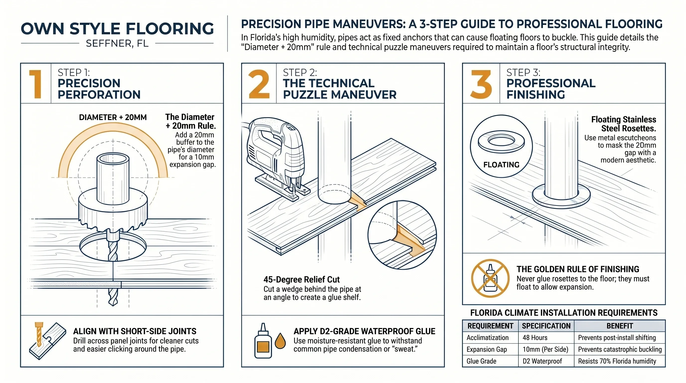 Top-down diagram showing the Diameter + 20 mm pipe penetration formula applied to a laminate plank