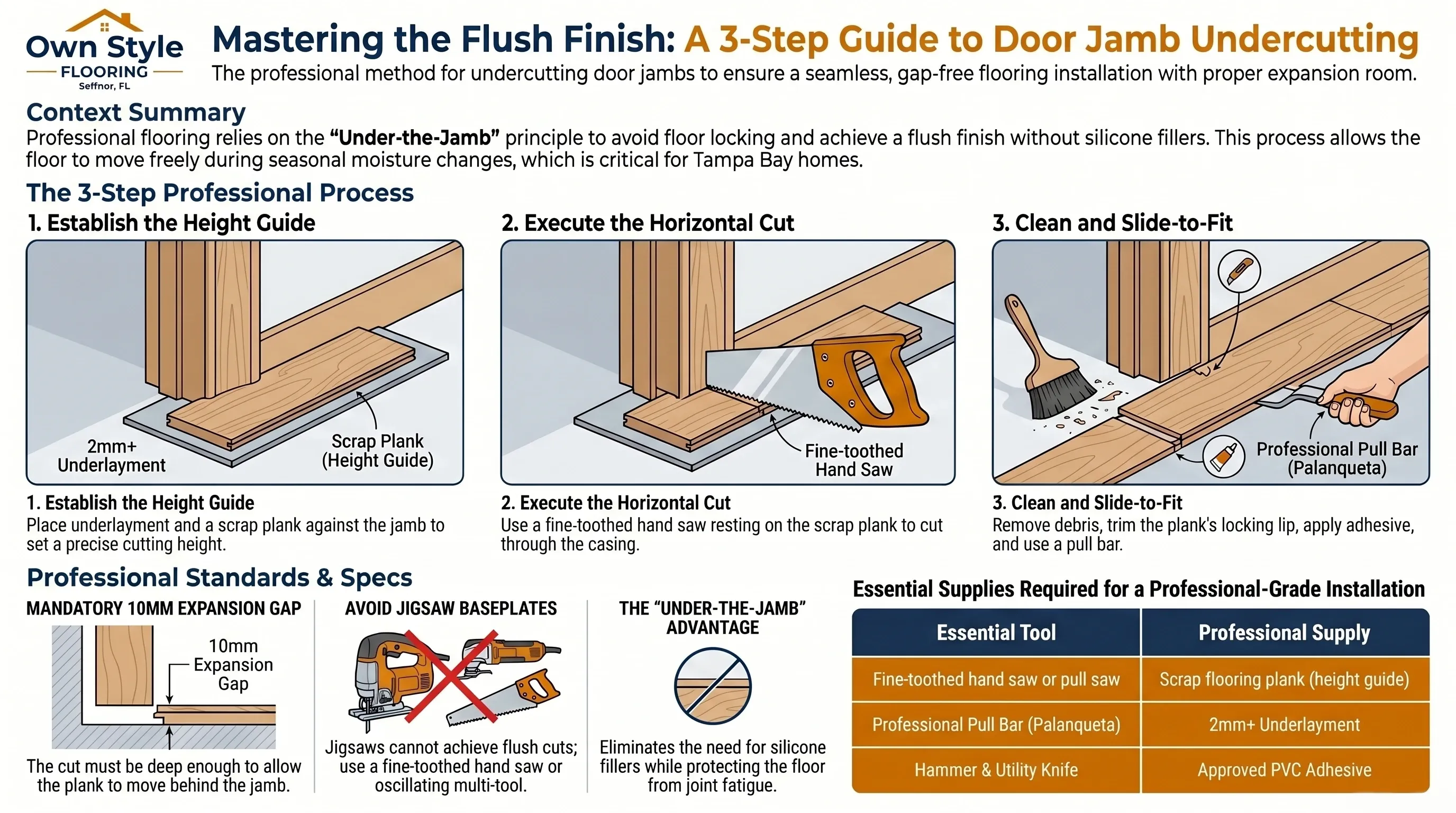 Diagram showing the correct height reference for horizontal undercutting of a door jamb