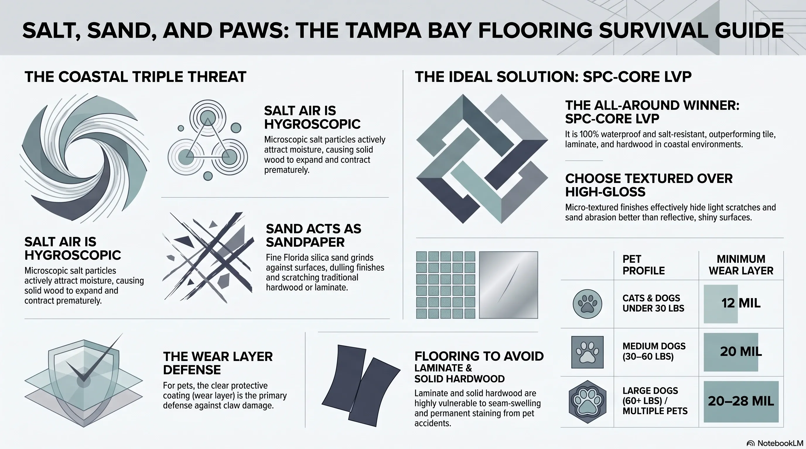 Overview of how salt air, sand abrasion, and pet damage each affect flooring durability in coastal Tampa Bay homes