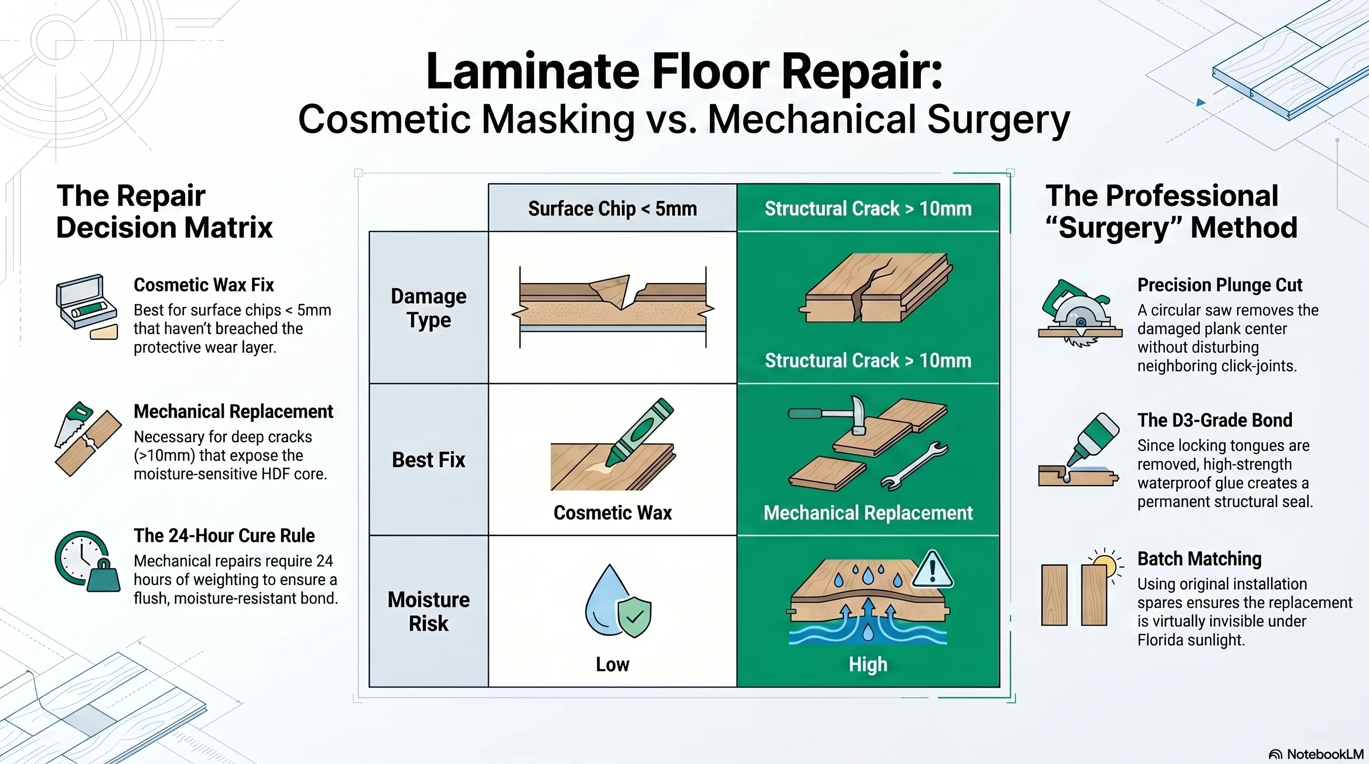 Matriz de decisión: reparación cosmética vs. reemplazo mecánico de tabla