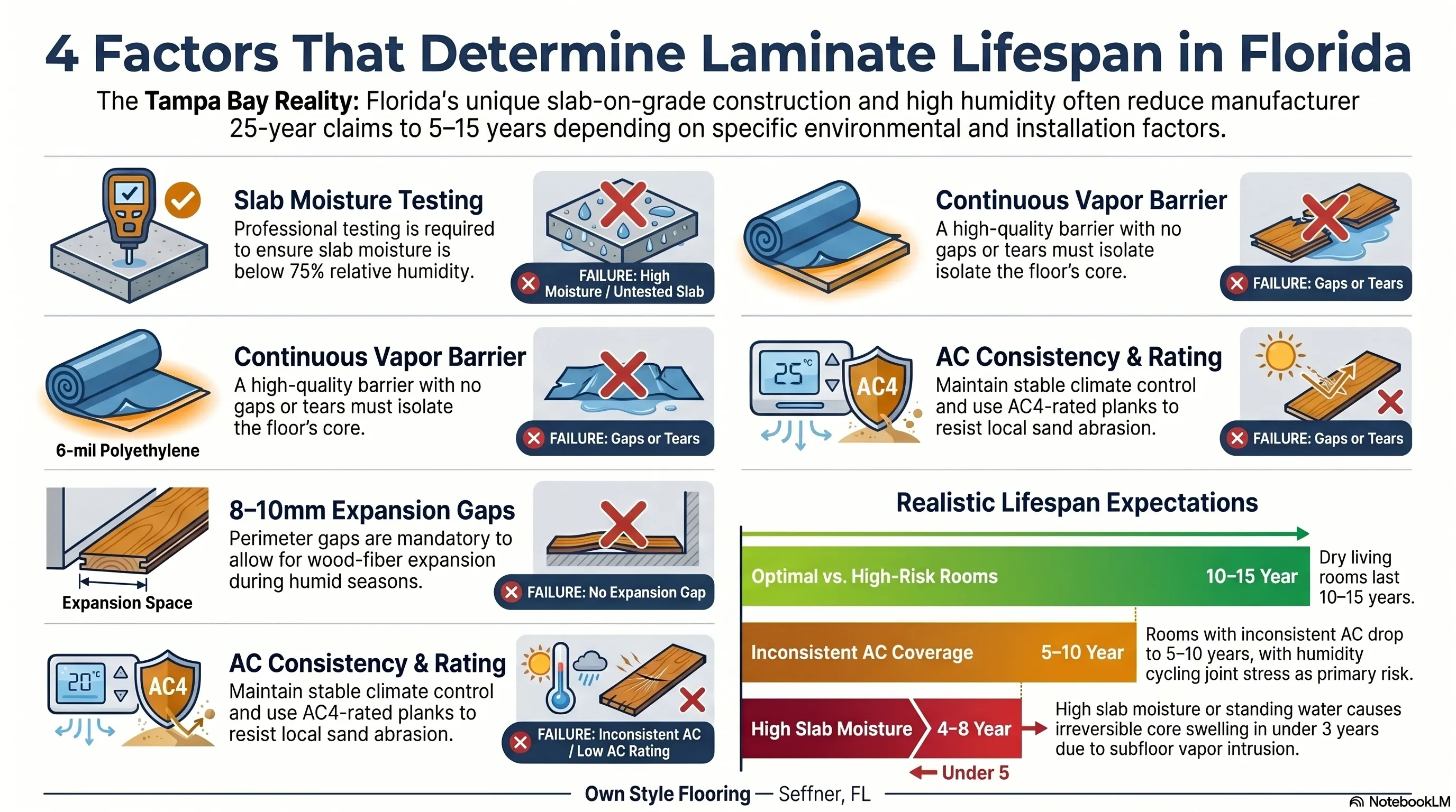 Five factors that determine laminate flooring lifespan in Florida — slab moisture, vapor barrier, expansion gaps, AC consistency, AC rating