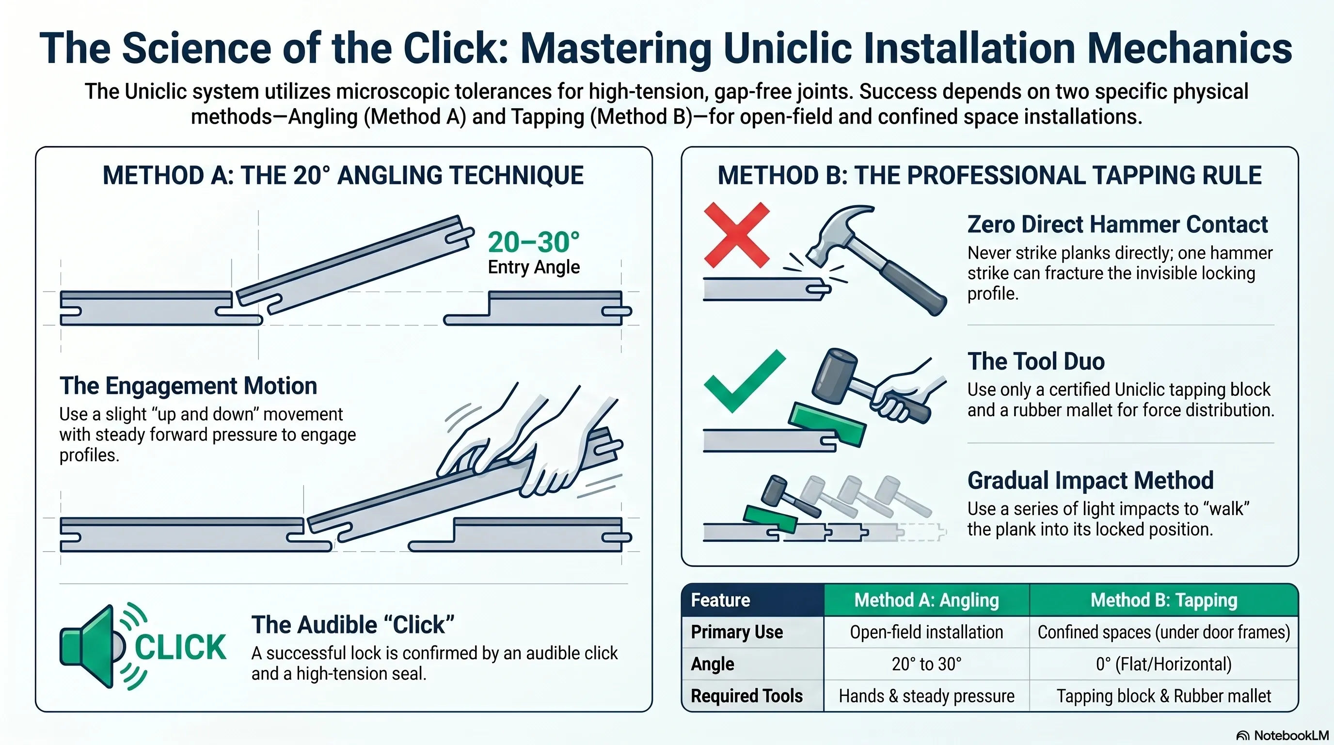 Comparison: steel hammer impact with failure versus rubber mallet with tapping block for Uniclic