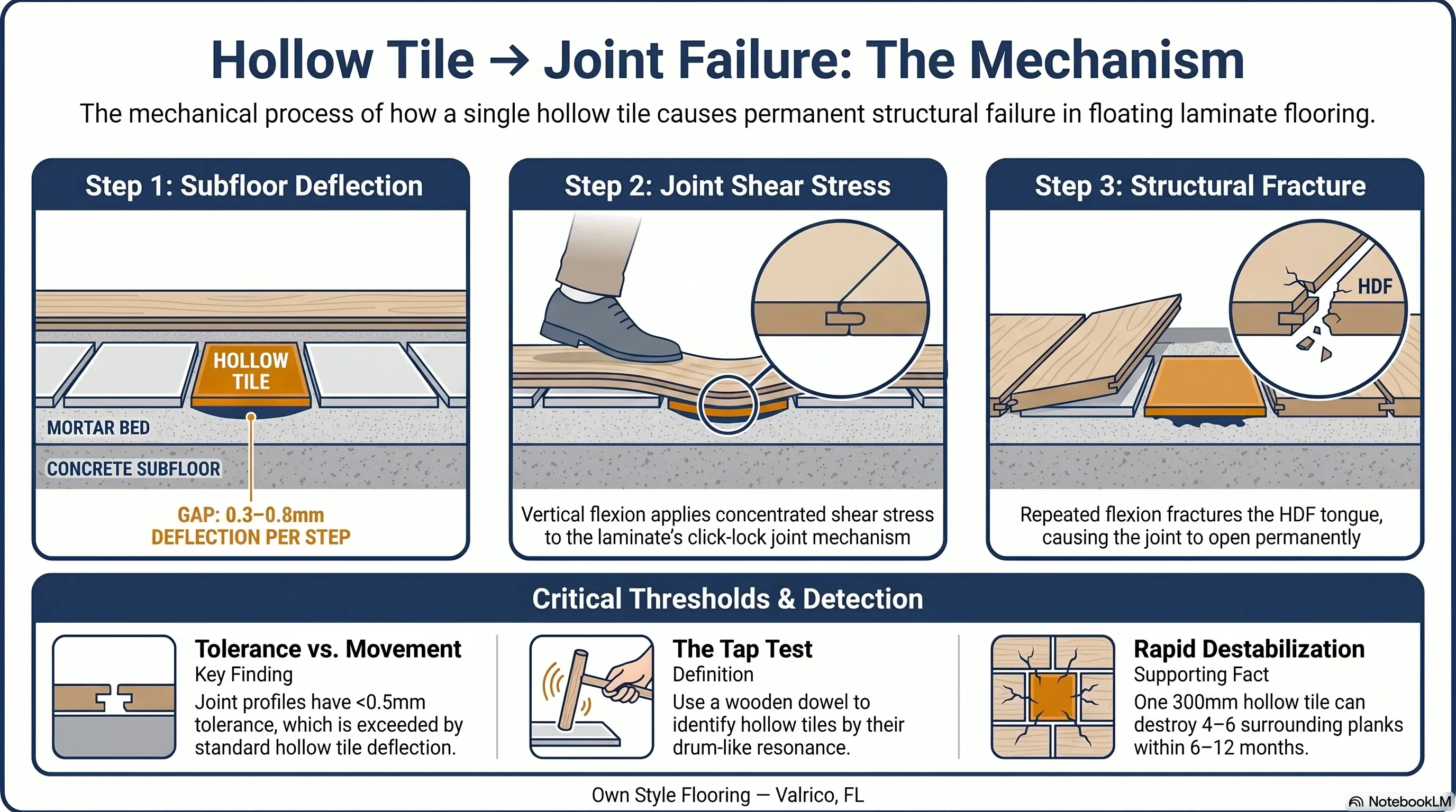 Why hollow tiles cause laminate failure above them — joint stress mechanism diagram for Tampa Bay floor installations