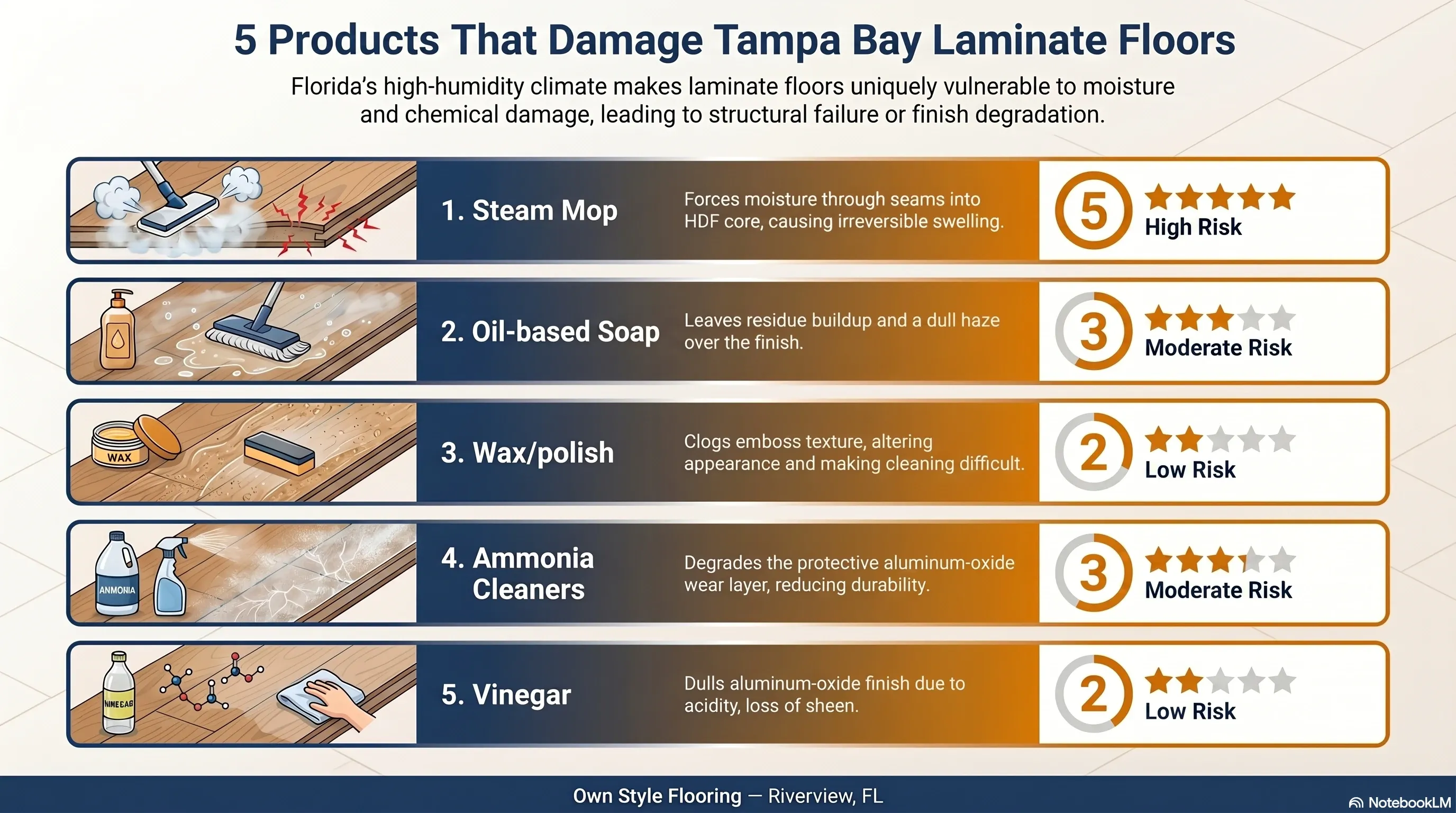 Products that damage laminate floors in Florida humidity — oil soap, wax, ammonia, bleach, vinegar