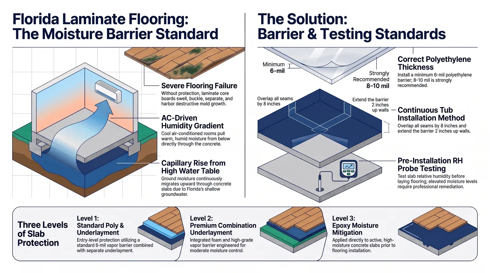 Florida laminate moisture barrier standard: slab moisture threats, 6-mil polyethylene, the continuous tub method and three levels of protection