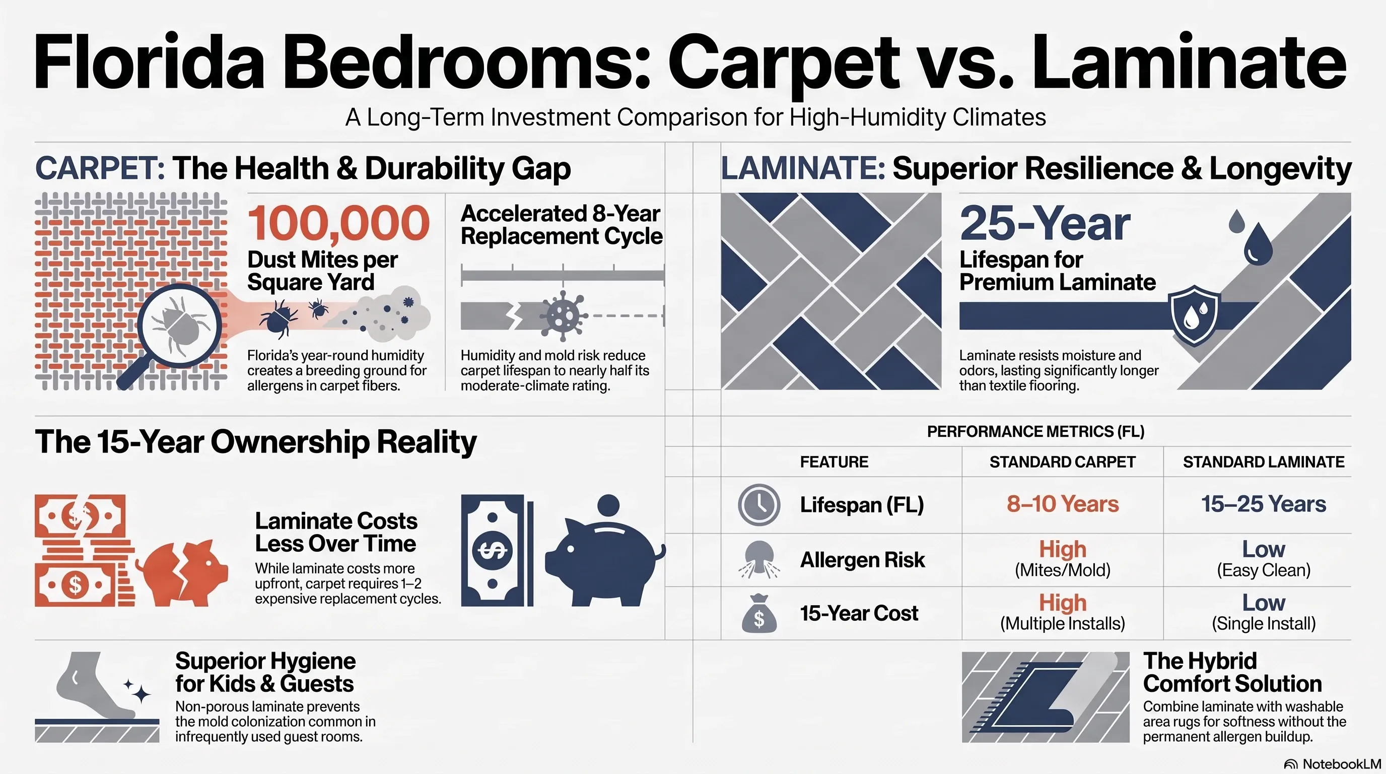 Side-by-side comparison chart of laminate flooring and carpet performance on humidity resistance, allergens, and lifespan in Florida bedrooms