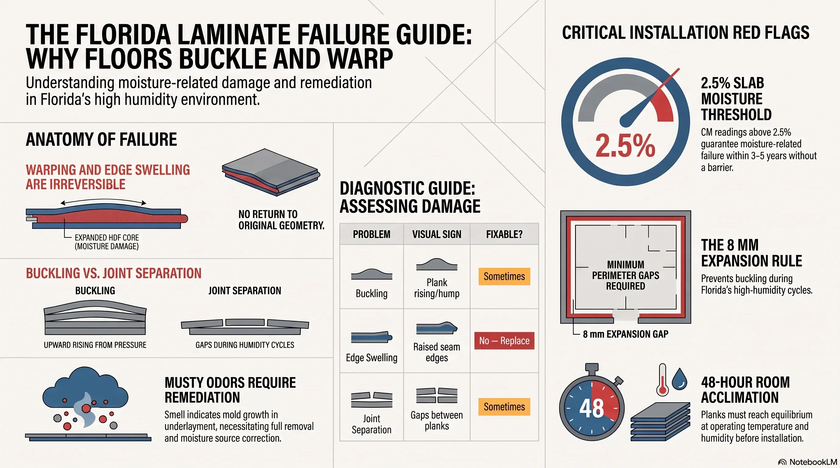 Laminate flooring failure patterns in Florida showing warping, buckling, and joint separation causes and solutions for Tampa Bay homes