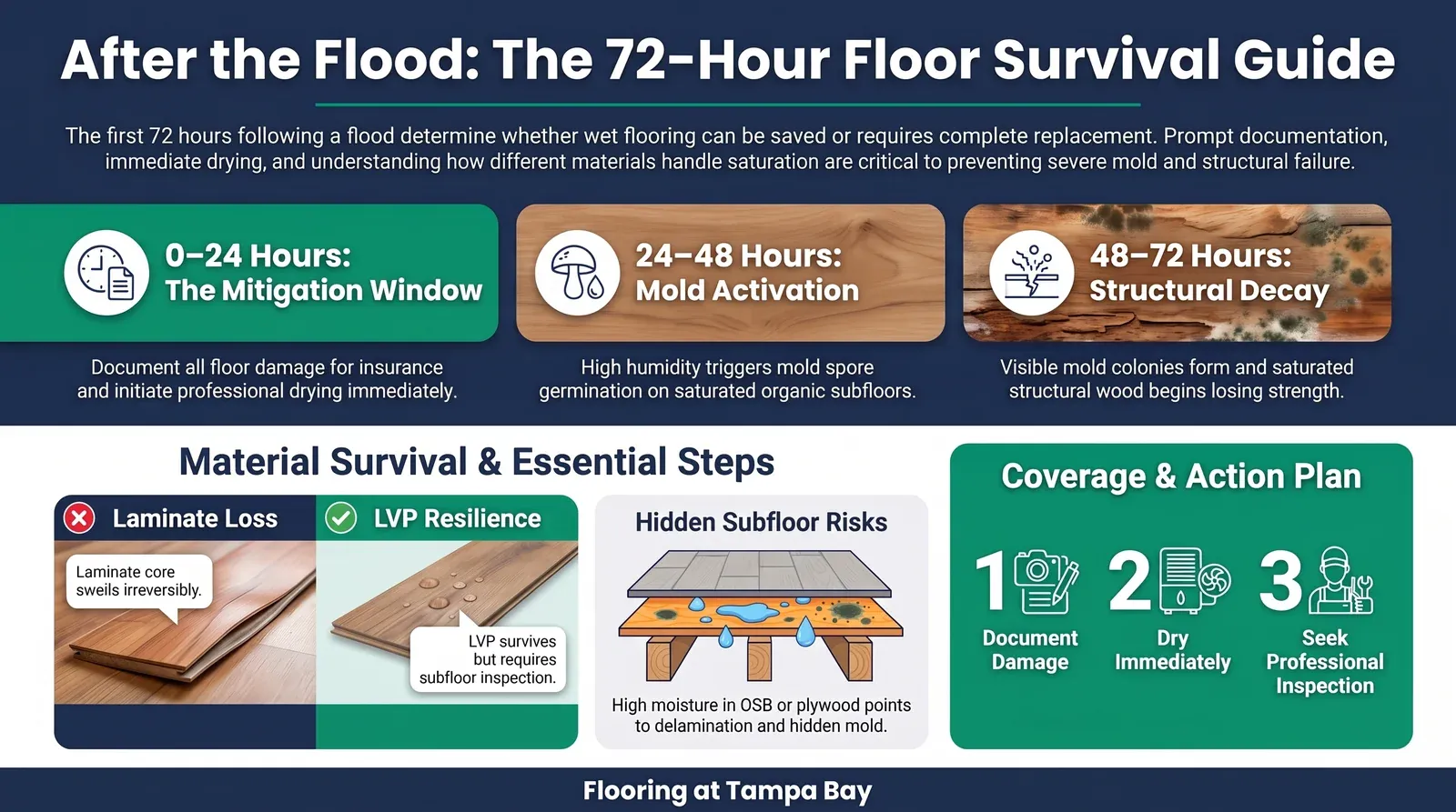 After a flood: the 72-hour floor survival timeline, laminate versus LVP, hidden subfloor risks and the action plan
