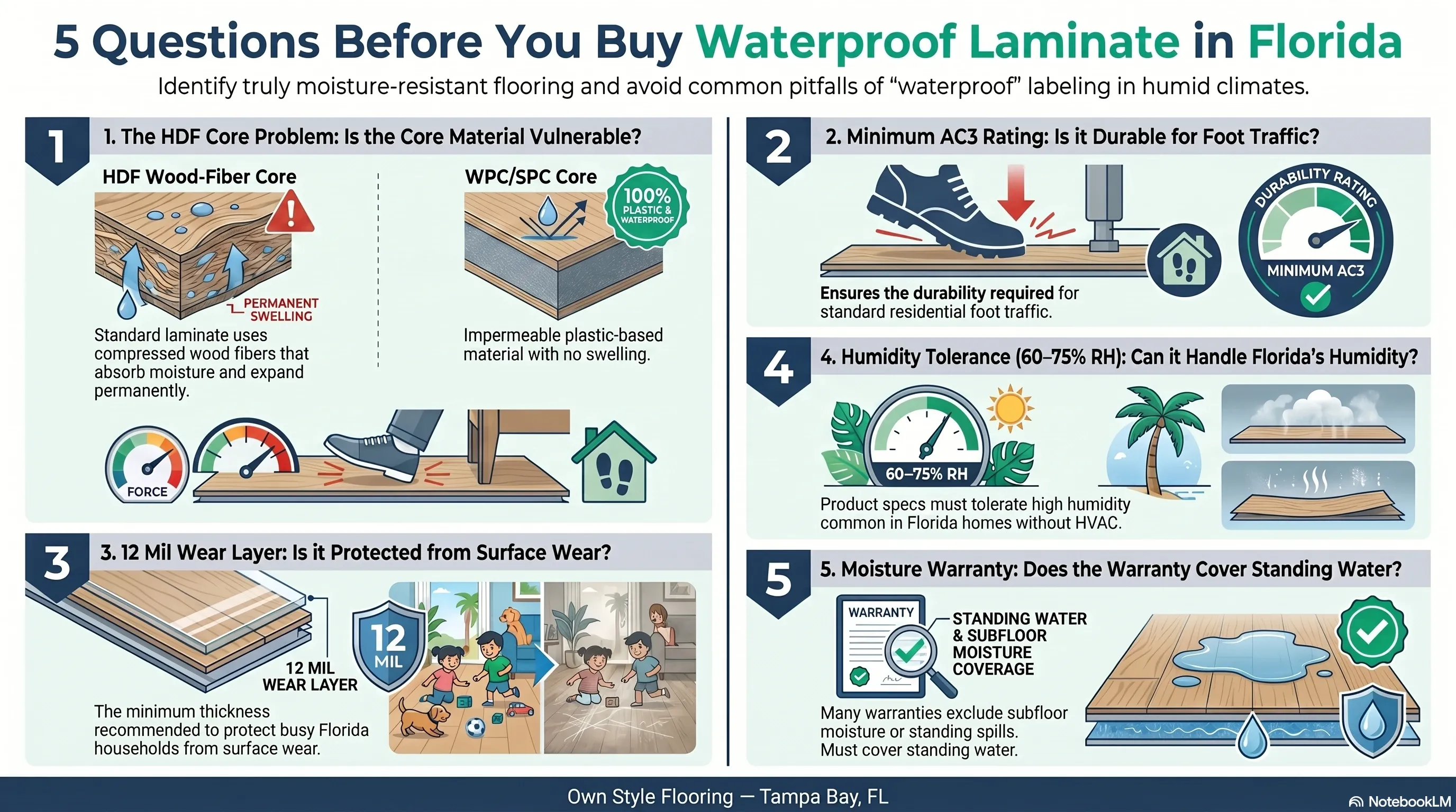 Five questions to ask before buying waterproof laminate flooring in Florida — AC rating, wear layer, core type, warranty, humidity tolerance