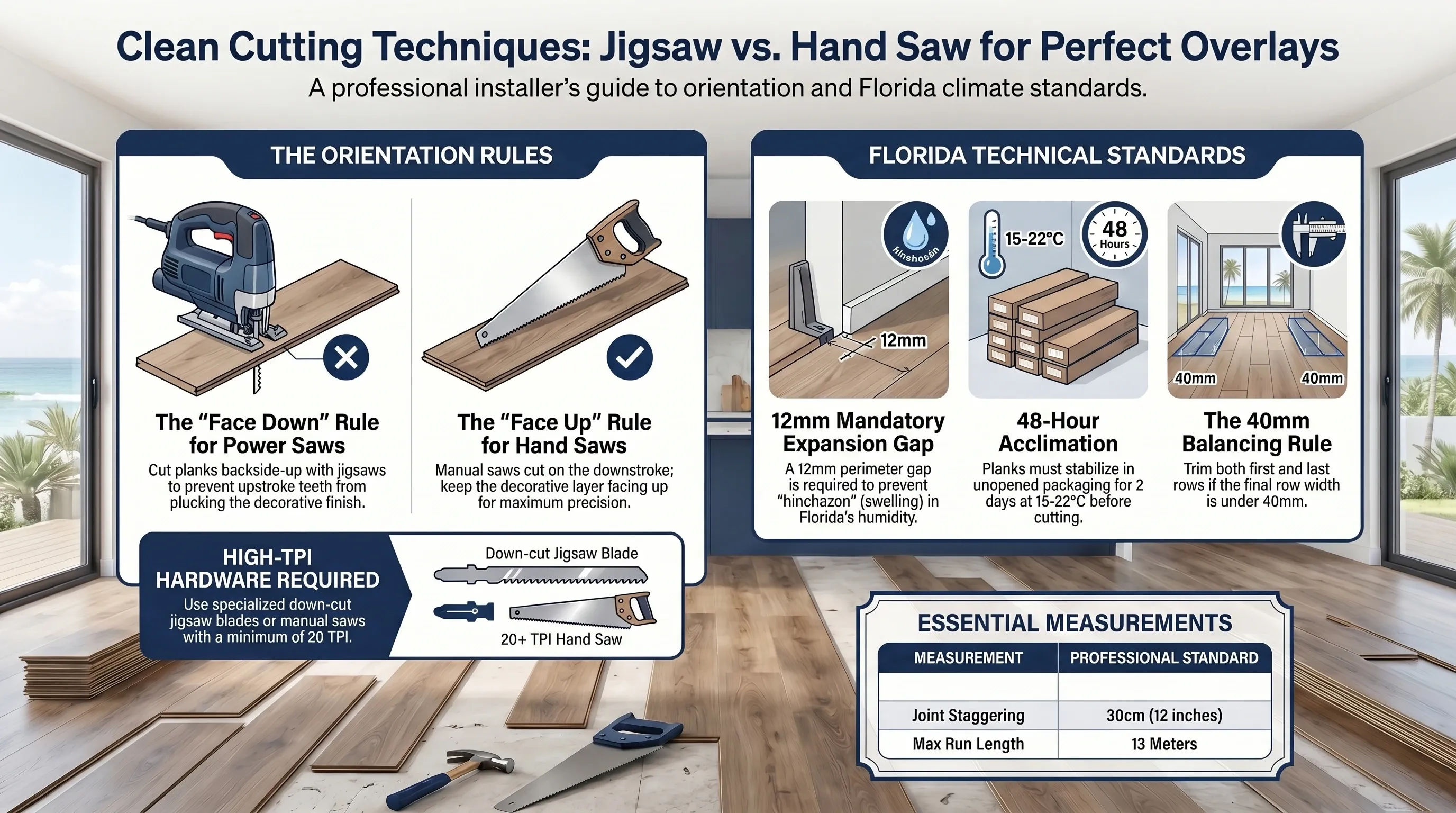 Correct blade selection TPI and orientation for jigsaw and hand saw cutting of laminate flooring