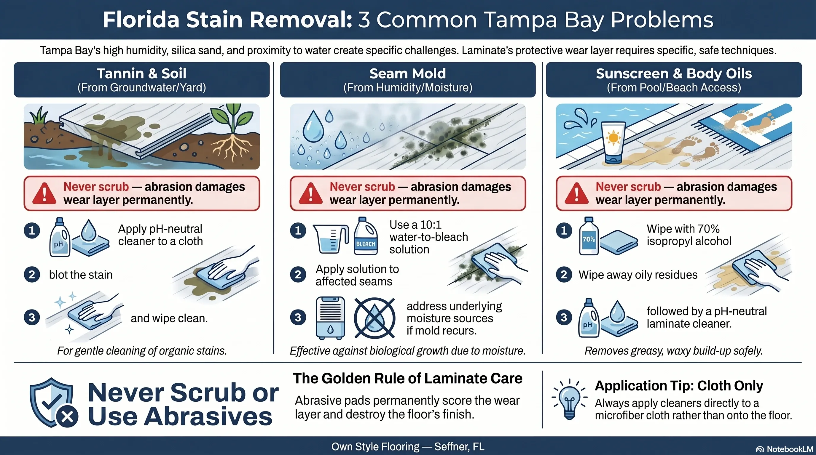 Florida-specific stain removal guide for laminate floors — tannin, mold, sunscreen in Tampa Bay homes
