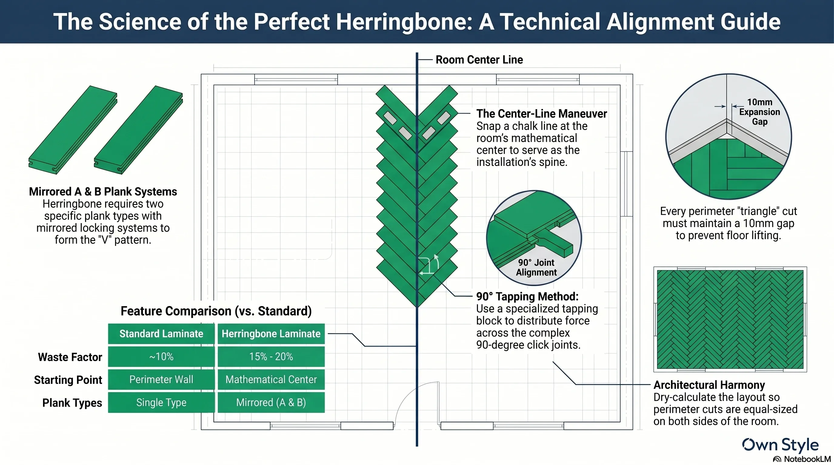Technical diagram showing how to align the first row of herringbone along a center chalk line