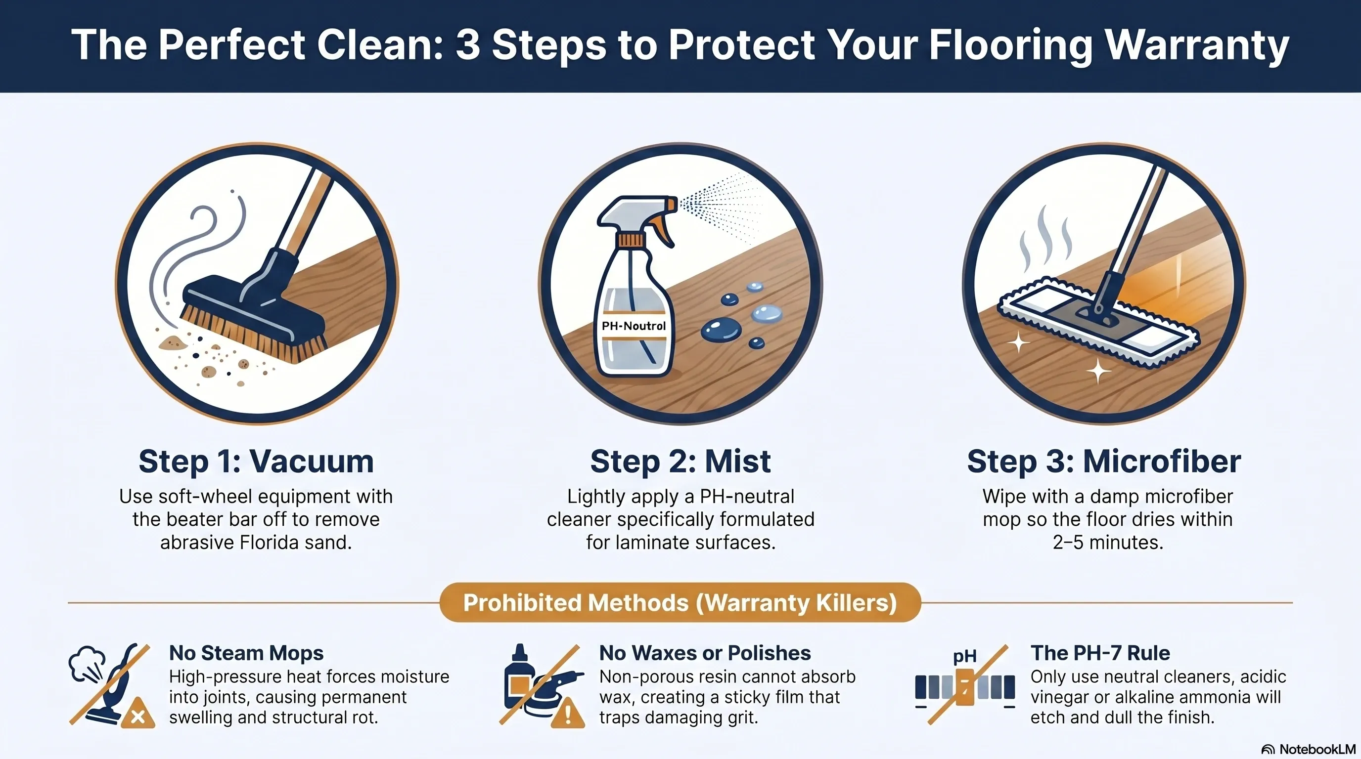 Three-step visual guide for correctly cleaning laminate flooring