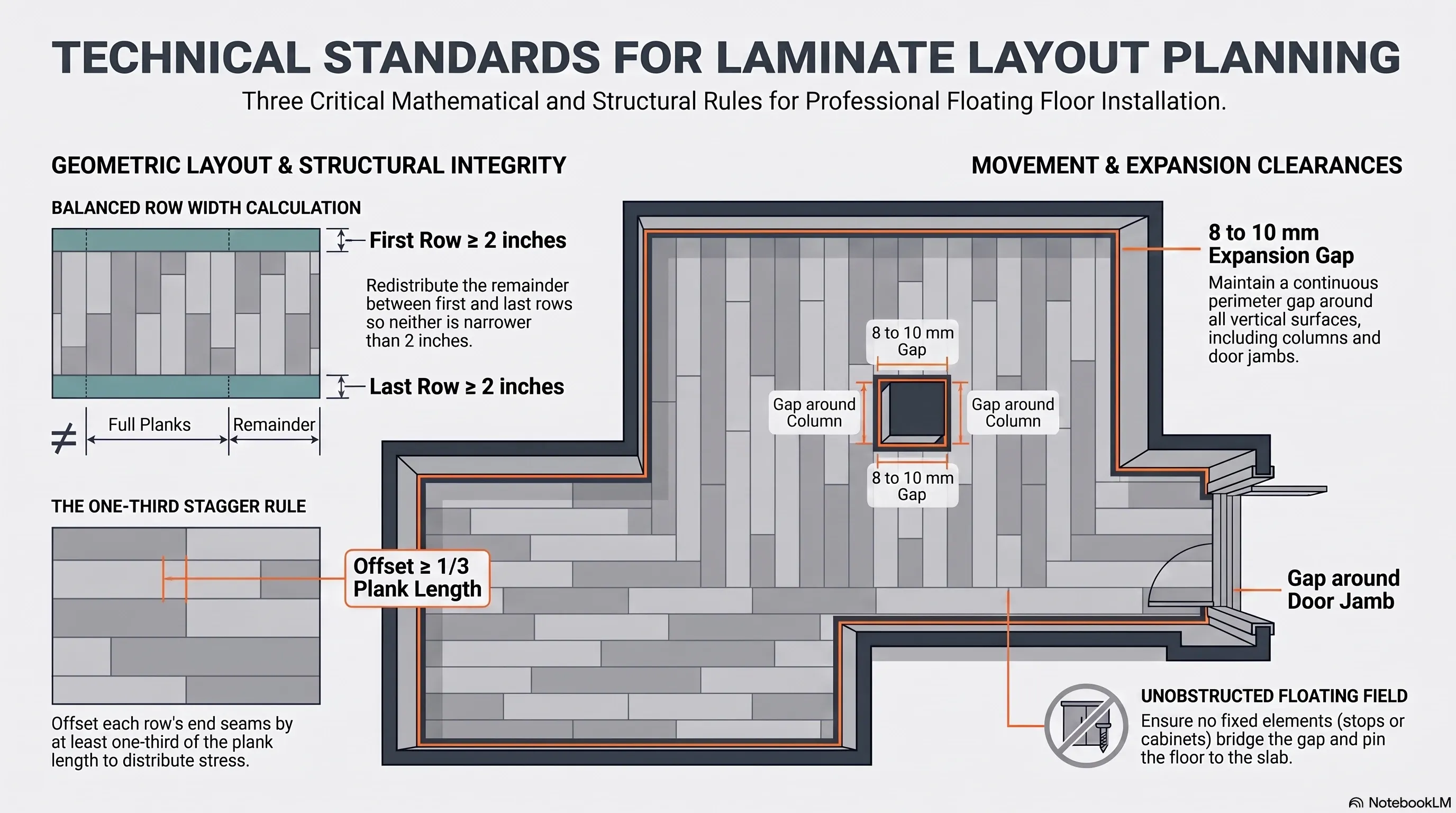 Diagram showing plank row calculation, one-third seam stagger, and perimeter expansion gap in a rectangular room