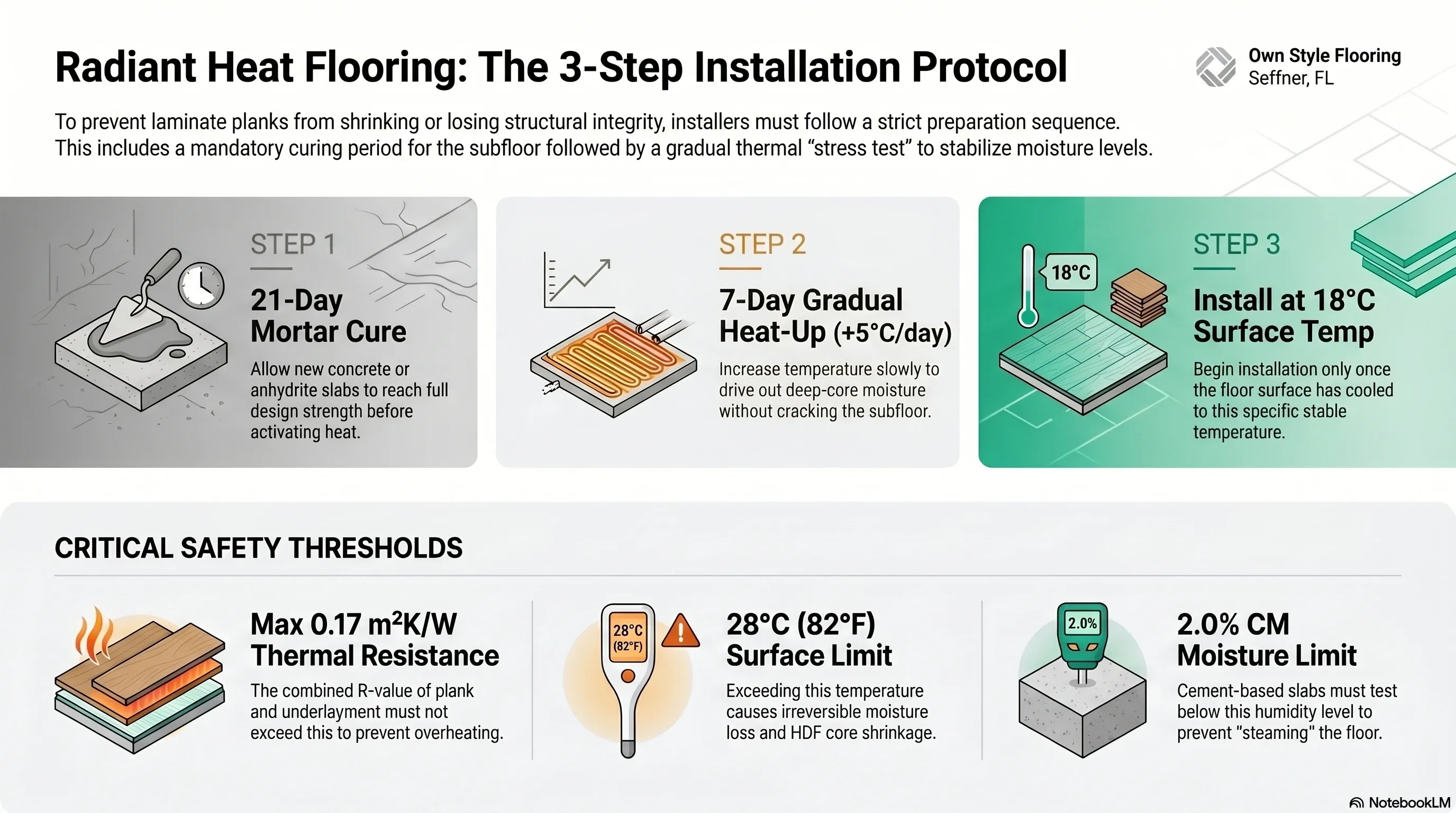 Visual timeline of the mandatory heating cycle before laminate installation