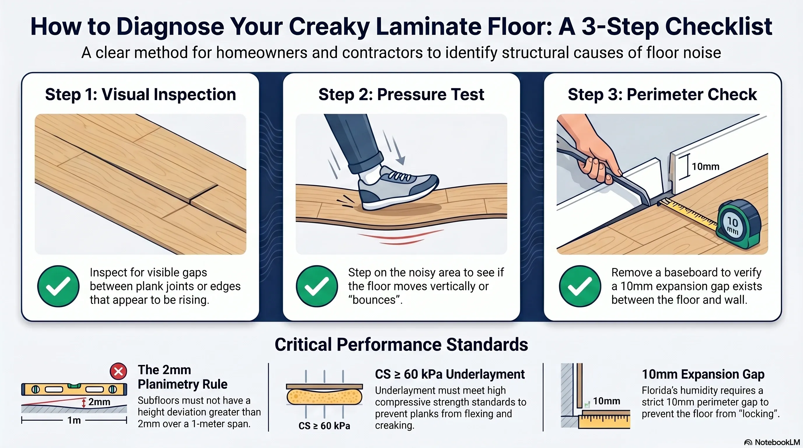 Lista de verificación profesional para diagnosticar ruidos en pisos laminados