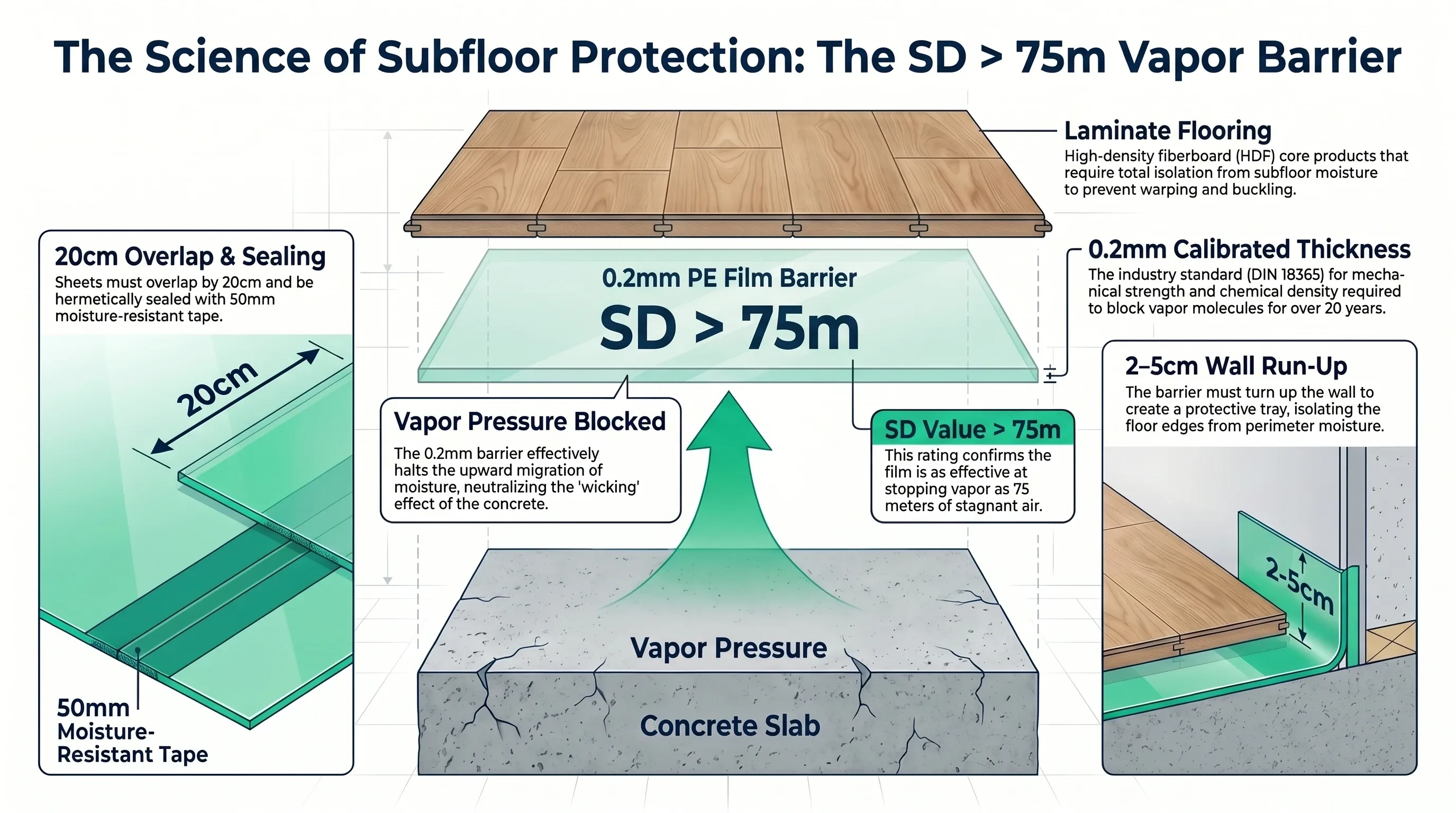 Infografía técnica mostrando cómo una barrera de vapor SD > 75 m bloquea la humedad de una losa