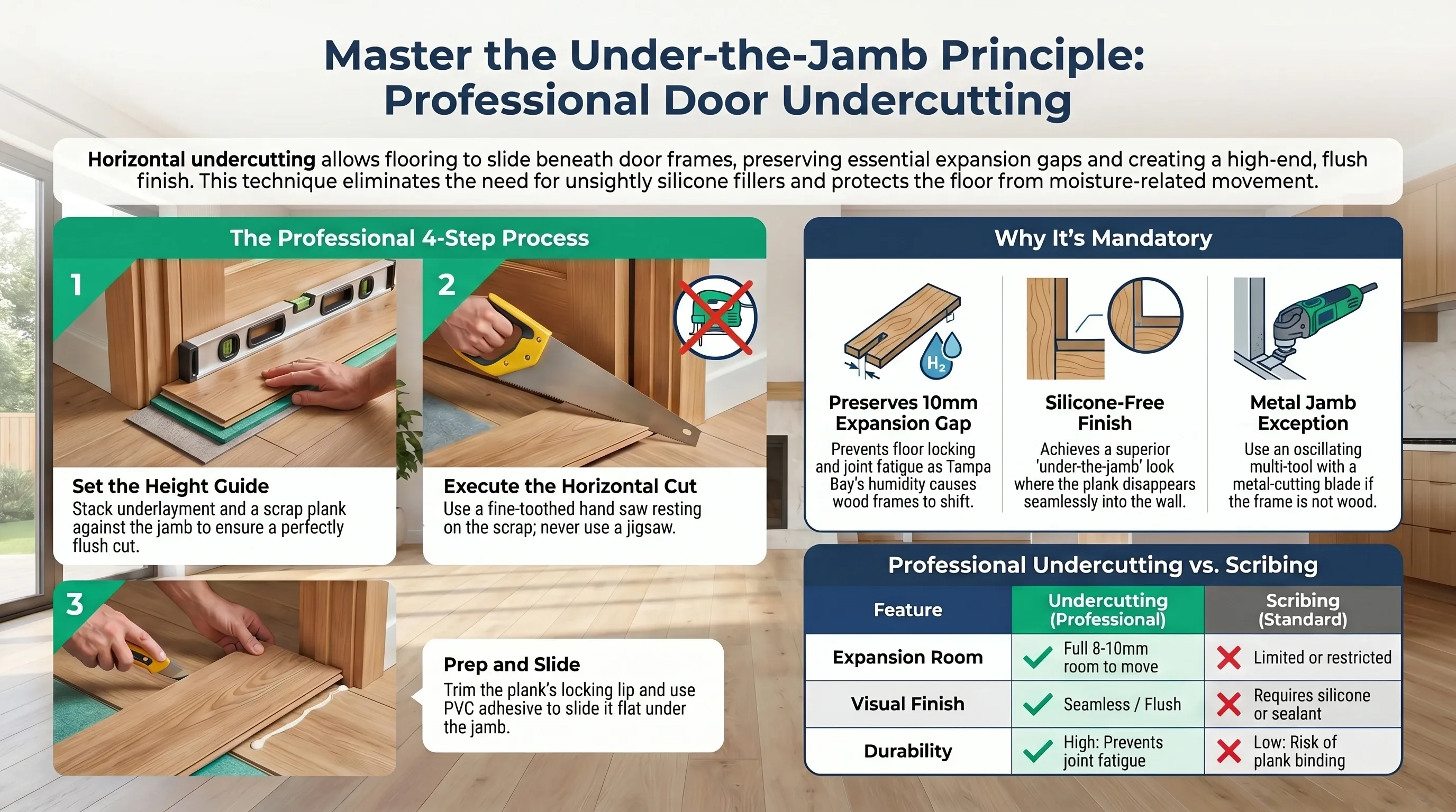 Installer sliding a laminate plank test piece under an undercut door jamb to verify expansion clearance