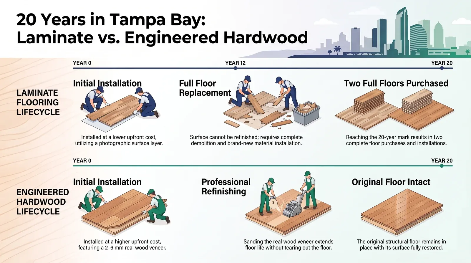 20 years in Tampa Bay: two laminate floors installed versus one engineered hardwood floor refinished
