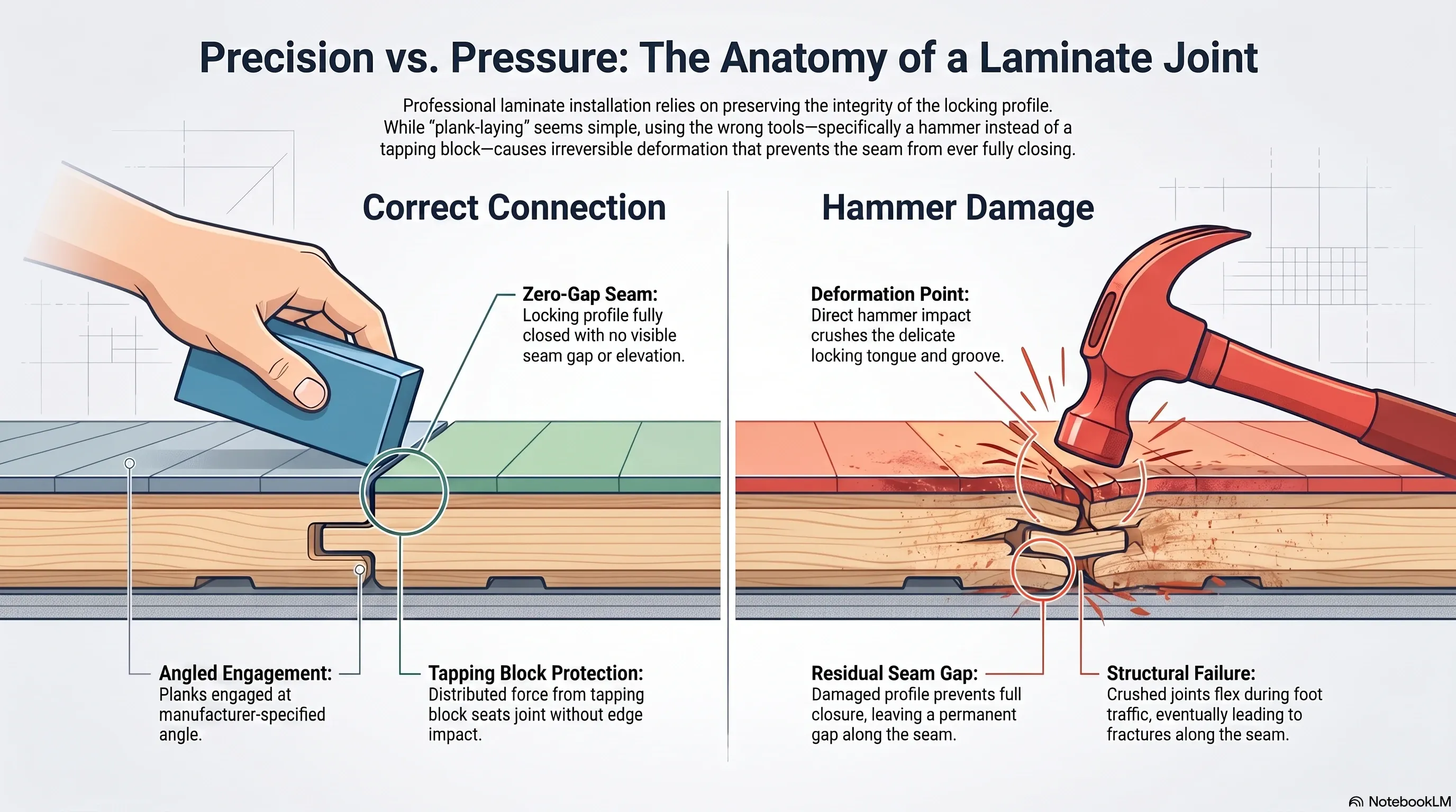 Comparison diagram of correctly seated locking joint versus a joint deformed by direct hammer impact