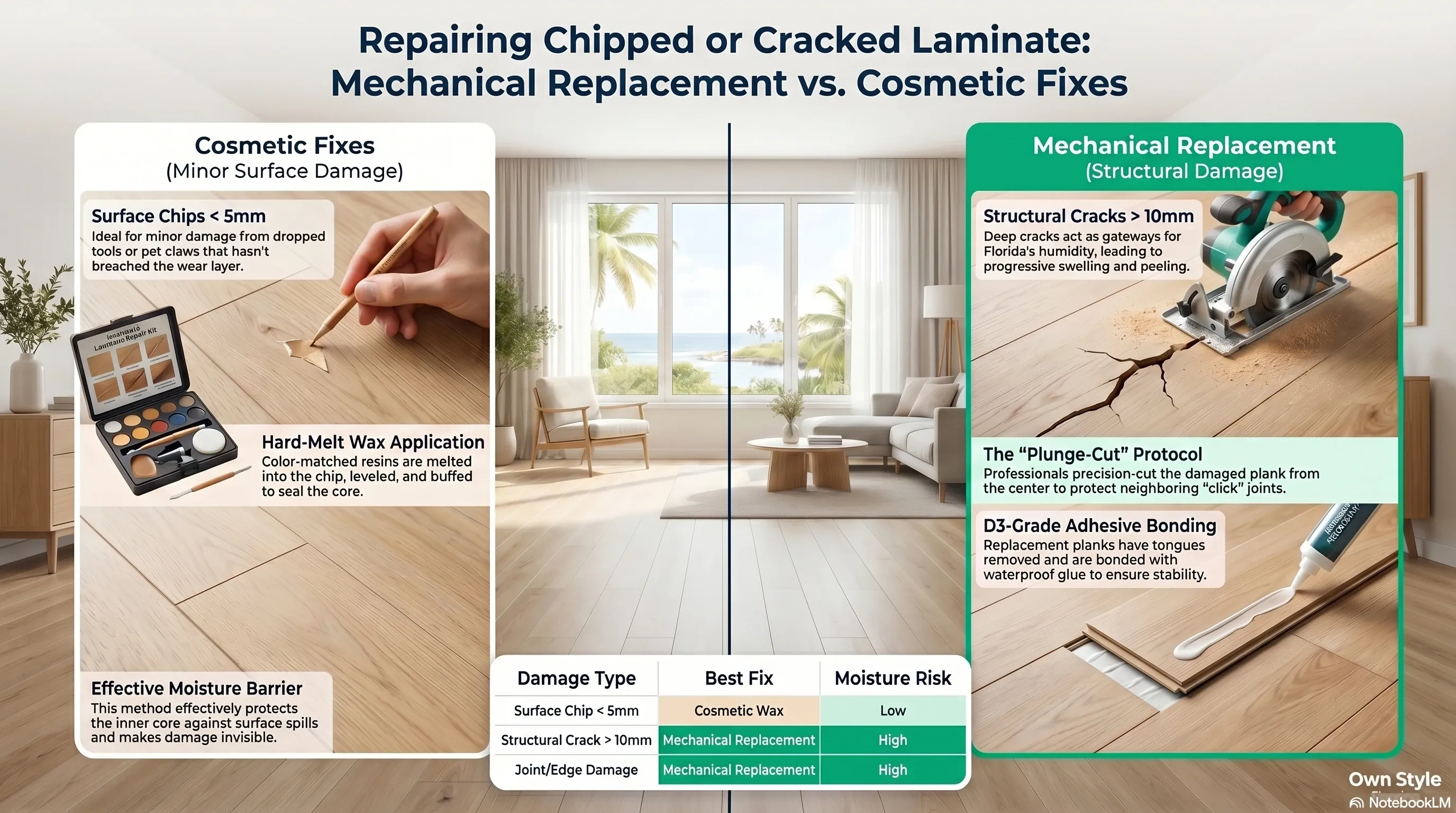 Hogar real de Tampa Bay comparando daño cosmético menor de laminado contra una grieta estructural que requiere reemplazo mecánico de tabla