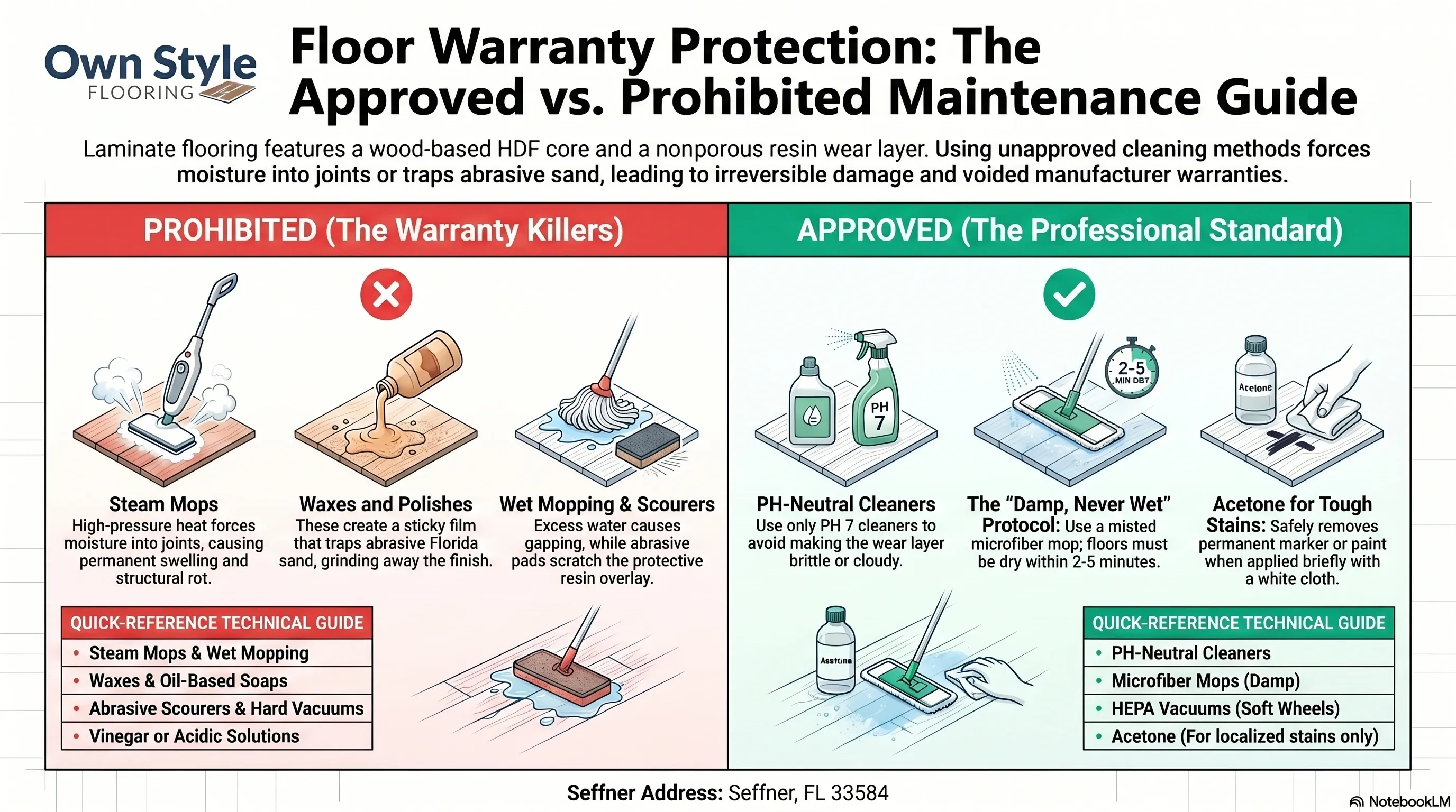 Approved versus prohibited laminate maintenance methods compared side by side for warranty compliance