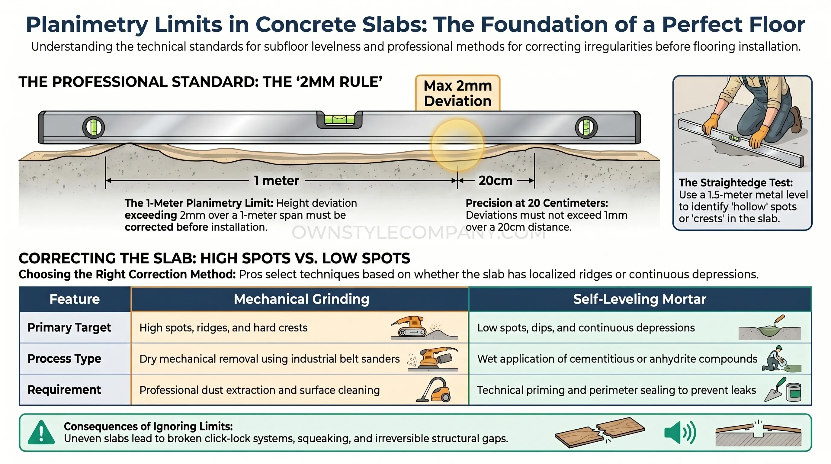 Comprehensive planimetry guide showing the 2mm rule, straightedge test, and correction method comparison table for Tampa Bay concrete slabs