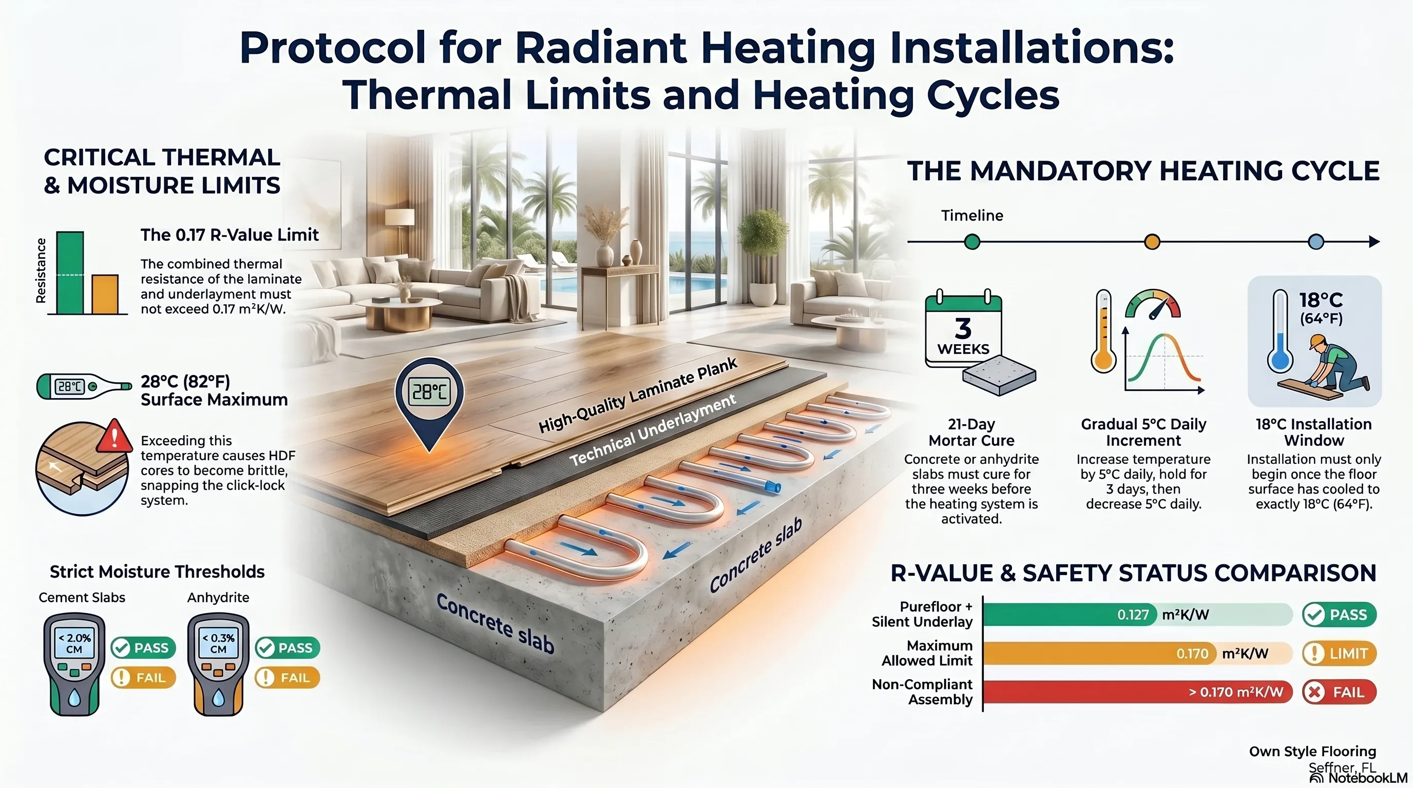 Complete radiant heating protocol timeline showing thermal limits, moisture thresholds, and heating cycle phases for Tampa Bay installations
