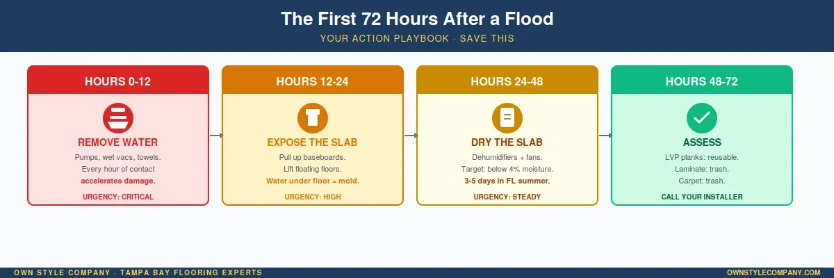 Línea de tiempo visual de 72 horas con cuatro bloques de tiempo e íconos de acción