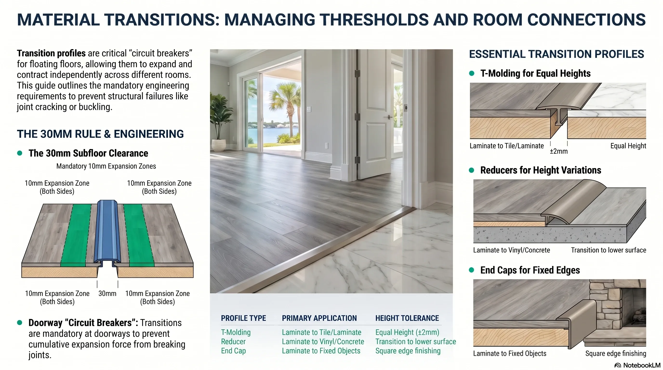 Hogar real de Tampa Bay mostrando una tira de transición metálica instalada a nivel entre piso laminado y cerámica en el umbral de un pasillo