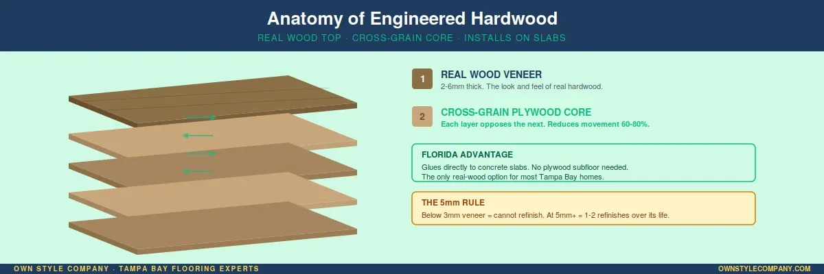 Exploded cross-section of engineered hardwood showing veneer, plywood layers, and glue-down on slab