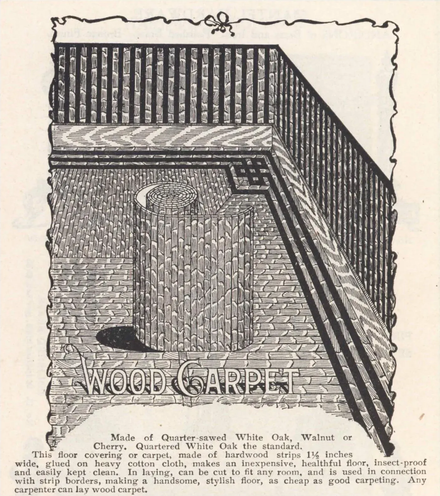Ilustración de catálogo de fines del siglo XIX titulada Wood Carpet, con un rollo de tiras de madera y una guarda decorativa colocada en una habitación
