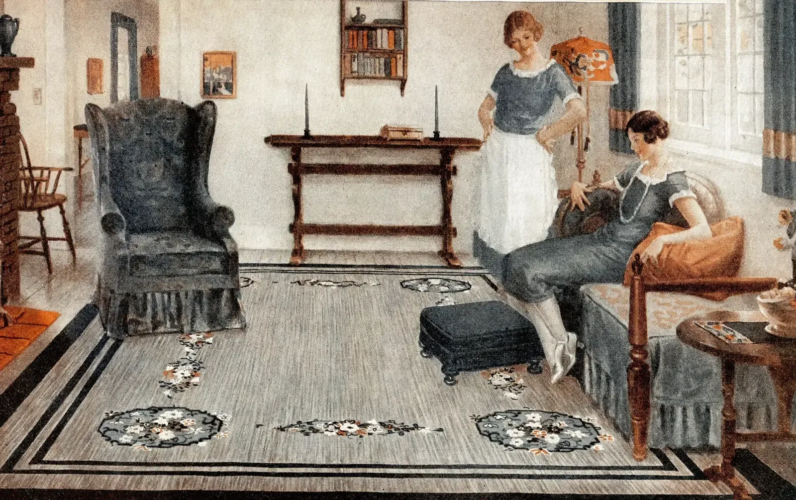 Ilustración de revista de 1927 de una sala con piso de linóleo gris decorado con flores y guardas, dos mujeres y un sillón de orejas