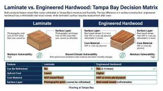 Laminate vs engineered hardwood cross-section comparison showing refinishing advantage for Tampa Bay Florida homes