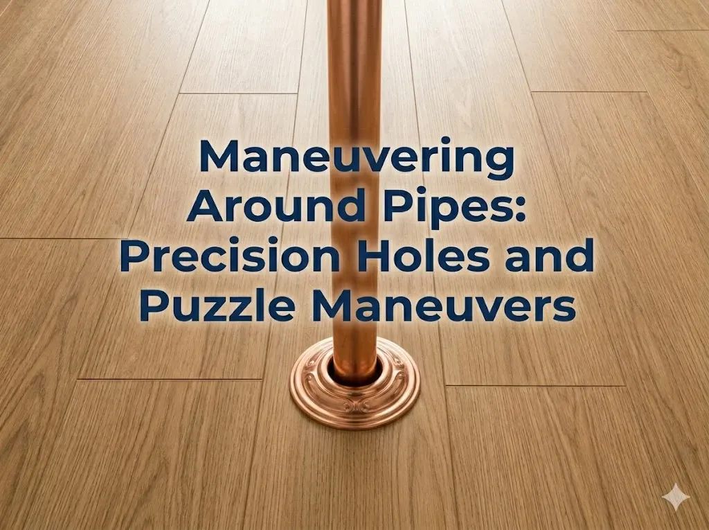 Professional installer drilling an oversized pipe penetration in a laminate plank, maintaining the Diameter + 20 mm expansion gap around a copper supply pipe