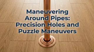 Professional installer drilling an oversized pipe penetration in a laminate plank, maintaining the Diameter + 20 mm expansion gap around a copper supply pipe