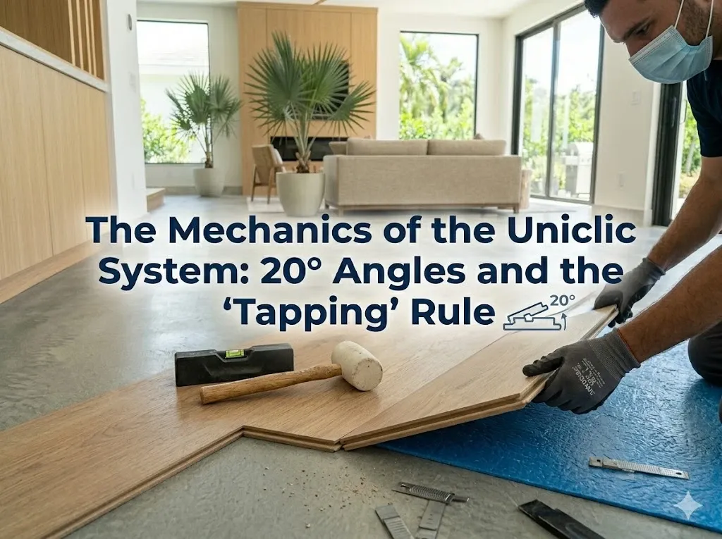 Professional installer using a certified tapping block and rubber mallet to seat a Uniclic laminate joint