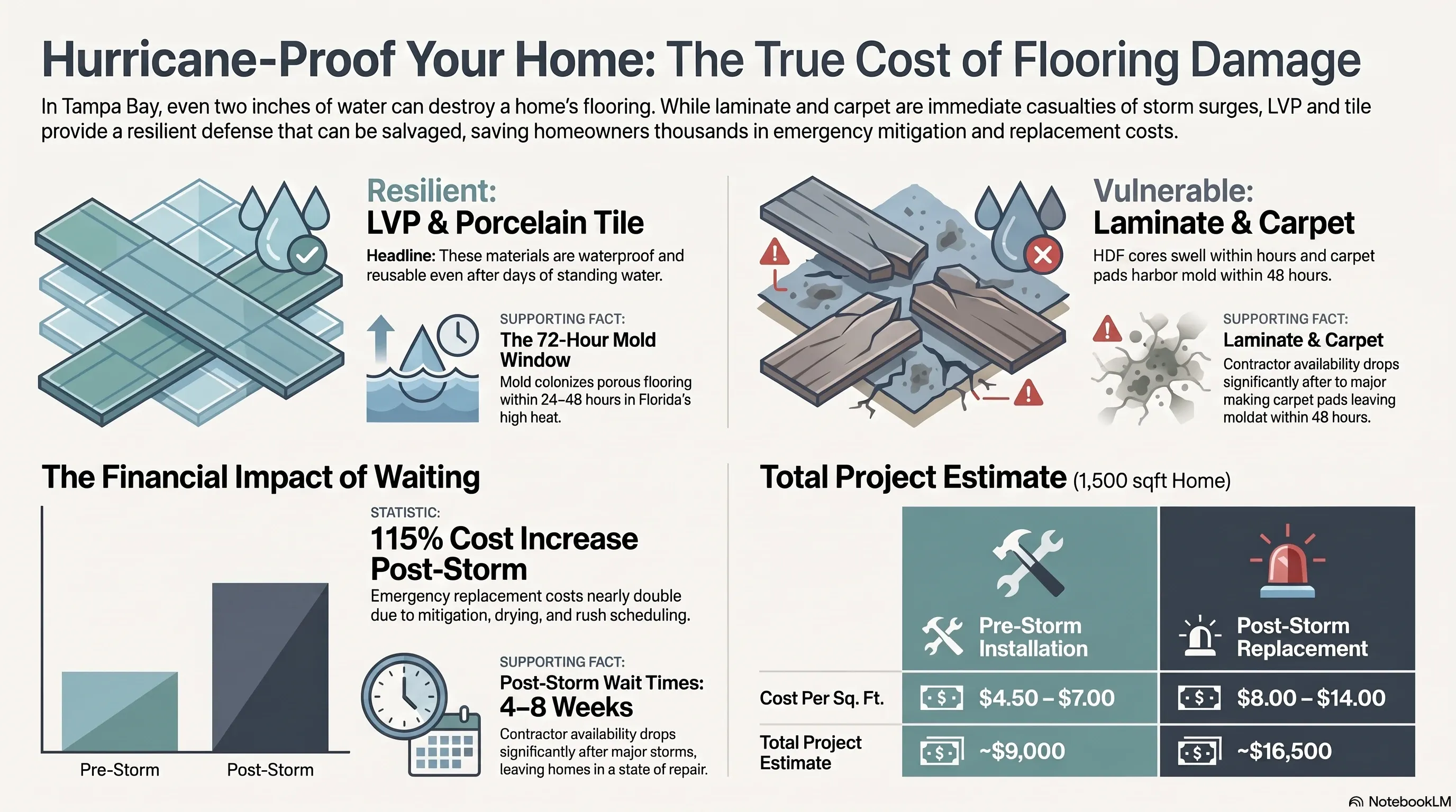 Dark sky over Tampa Bay skyline with floor cross-section showing water line rising toward flooring materials