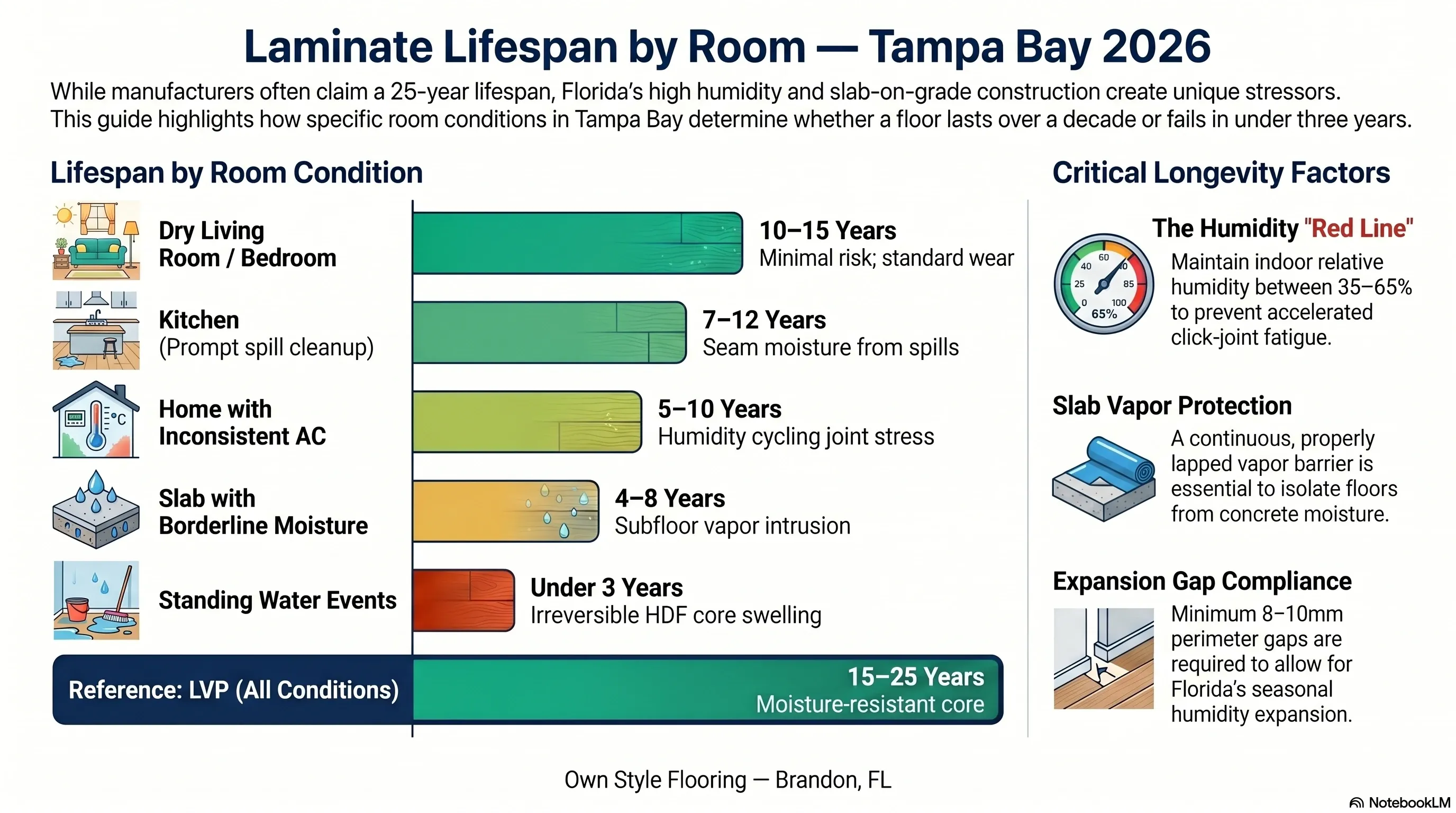 Laminate flooring lifespan chart showing expected years by room type and moisture condition in Tampa Bay Florida