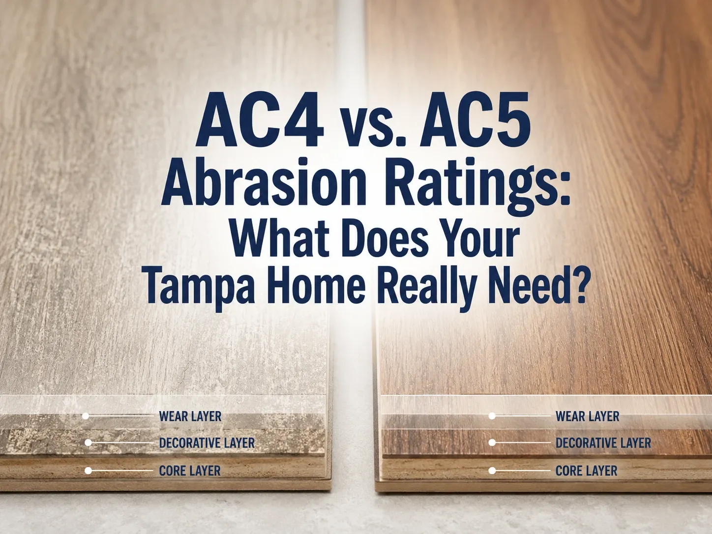 Side-by-side comparison of AC4 and AC5 laminate flooring wear layer cross-sections with Taber test cycle counts