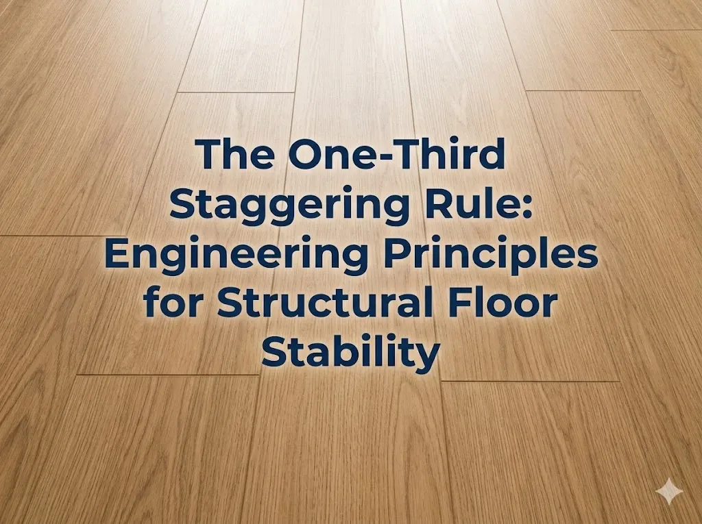 Technical top-down diagram of the one-third staggering pattern showing joint offset lines and load distribution in a laminate floor