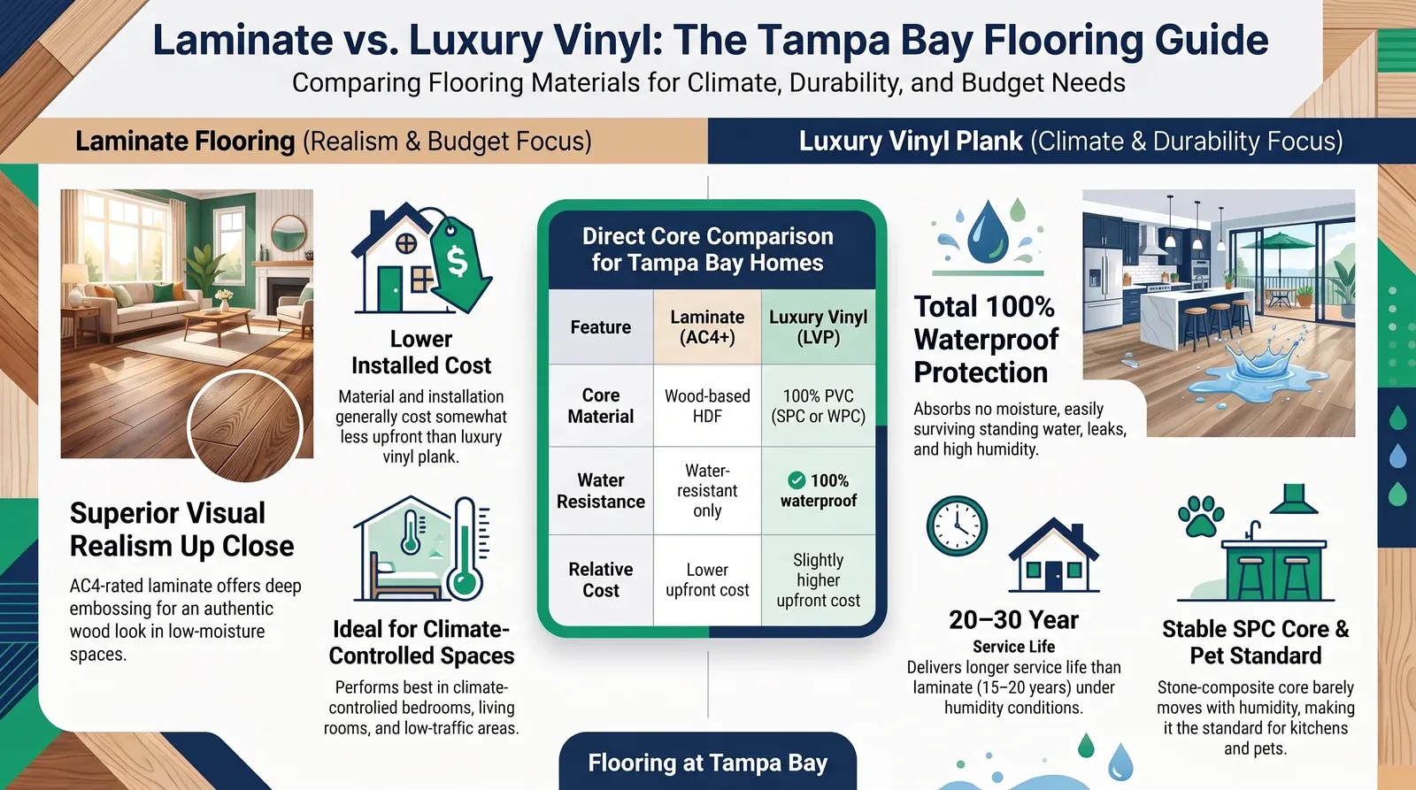 Side-by-side close-up of a laminate plank and an LVP plank on a concrete slab in a Tampa Bay home