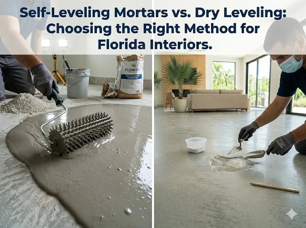 Self-leveling mortar being poured on a concrete slab next to dry aggregate fill in a Tampa Bay residential subfloor preparation project