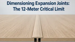 T-profile expansion joint installed at the 12-meter threshold in a large open-plan home connecting living room and kitchen laminate floor