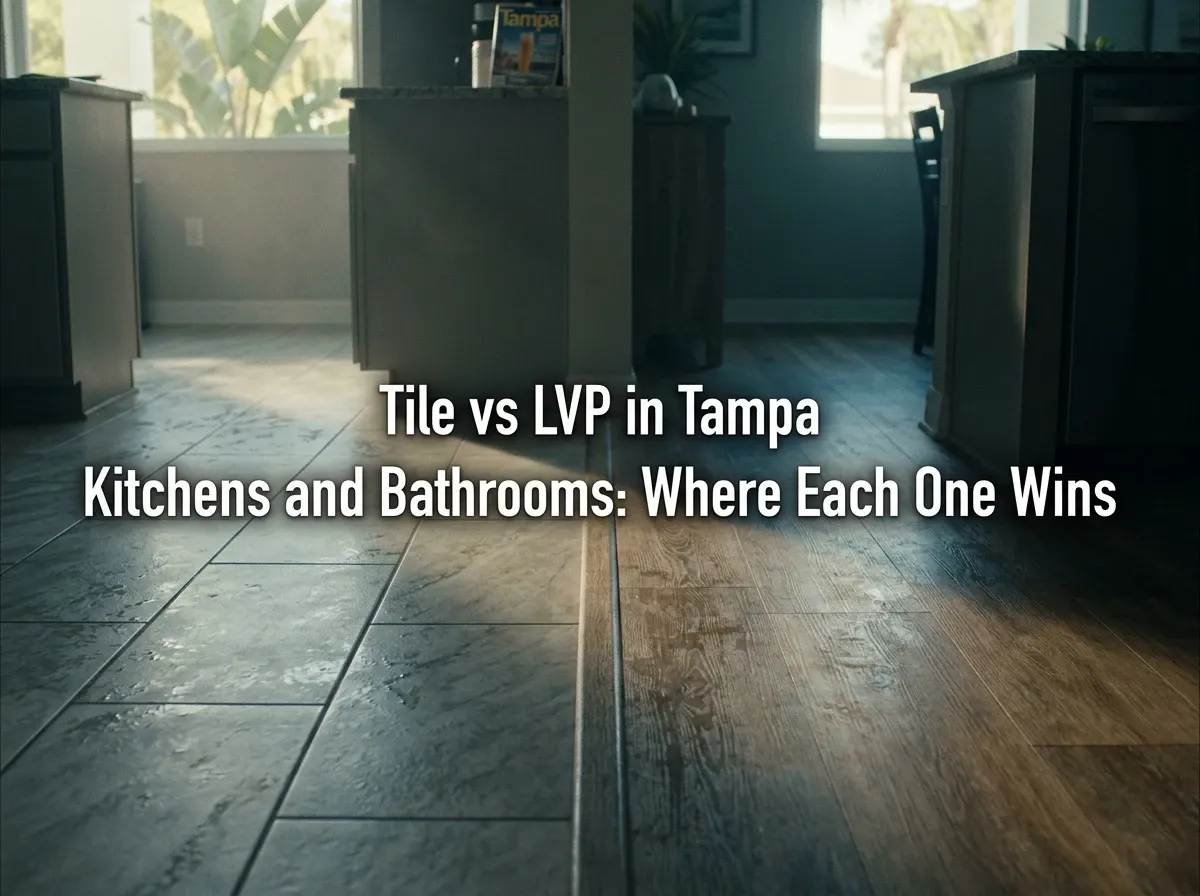 Split view of porcelain tile and LVP flooring installed in a Tampa Bay kitchen