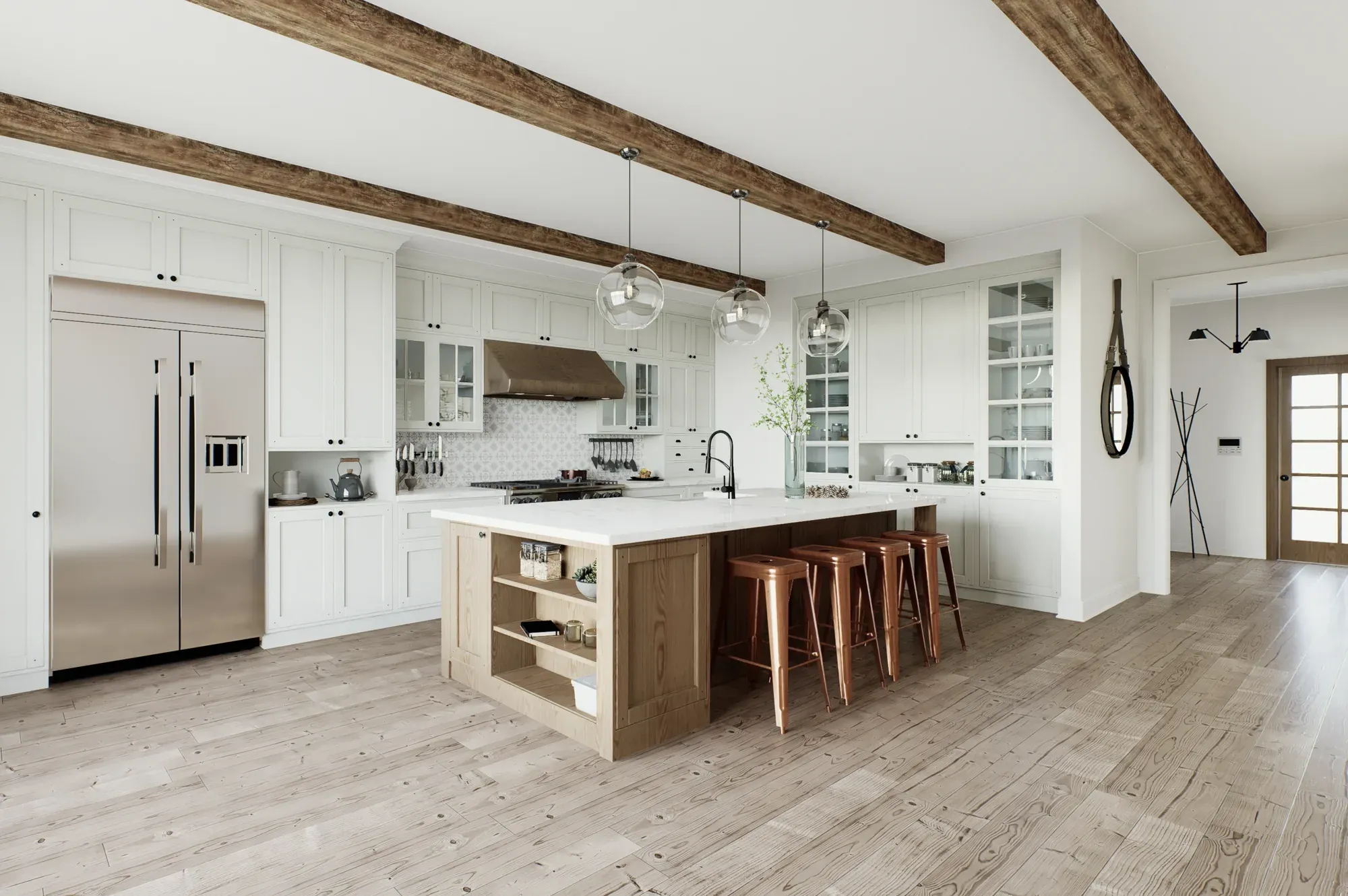 A white kitchen with glass-front upper cabinets, exposed ceiling beams, a large island with stools and a stainless steel refrigerator